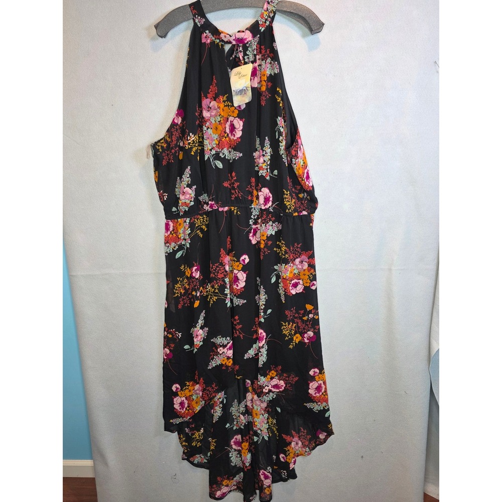 Lily Star Womens 3X Black Floral Halter High-Low Dress NWT A7370105X
